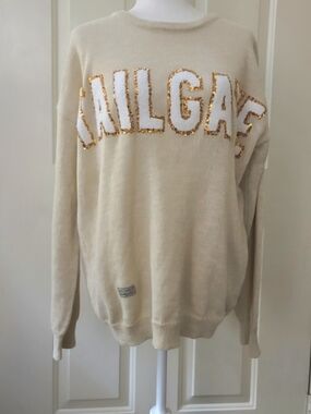 Simply Southern Cream Crewneck Sweater with Gold Sequin Trim (Issue)